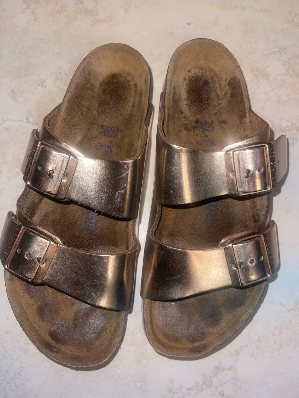 Birkenstock Metallic Rose Gold Two-Strap Sandals softbed 38 L7
